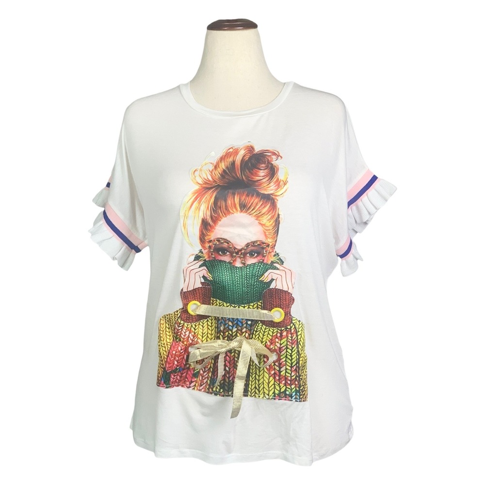 Love J Women White Graphic Ruffle Sleeve T-Shirt 3D Bow Accent Large